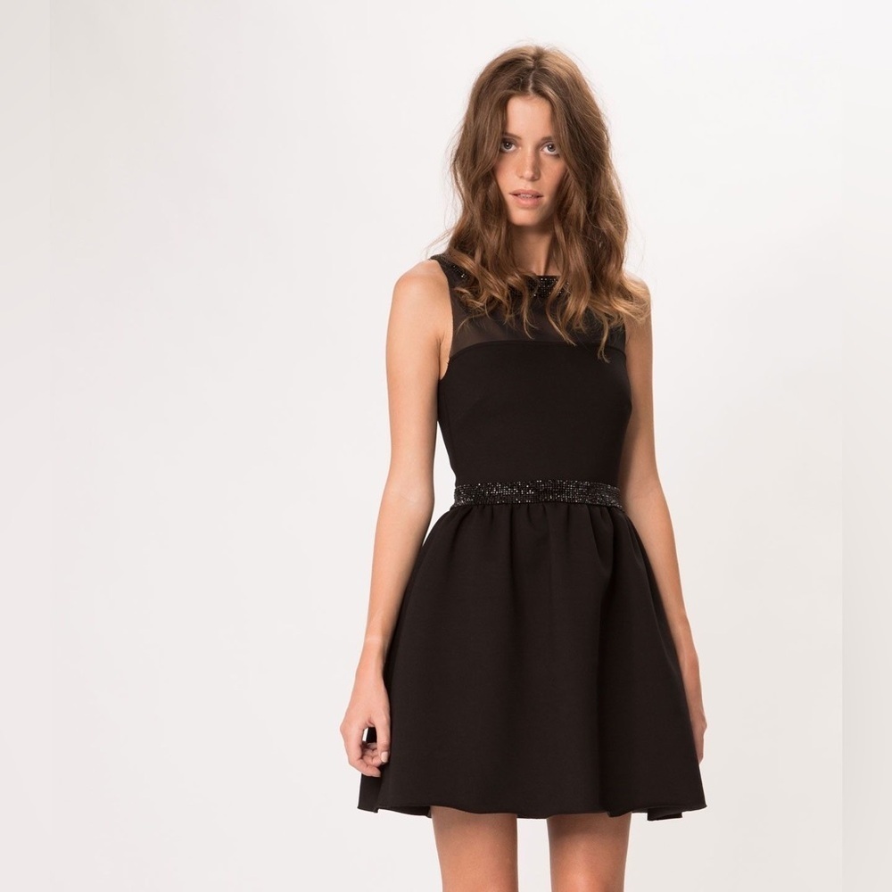 NWOT Maje A-Line Sheer Illusion Neckline Black Mini Dress Rhinestones